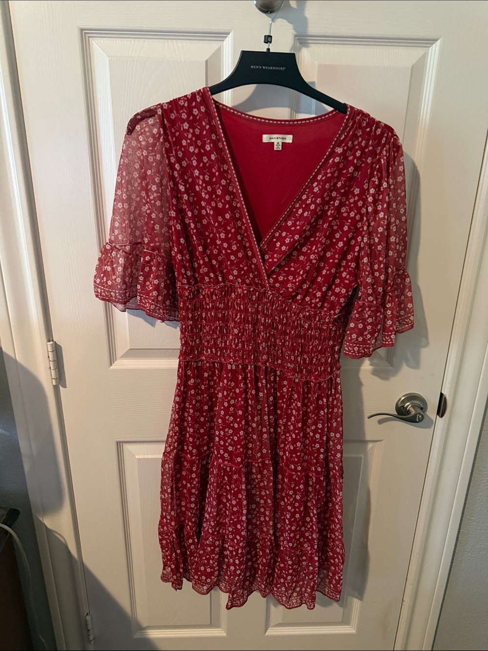 Max Studio Red Floral V-Neck Smocked Dress